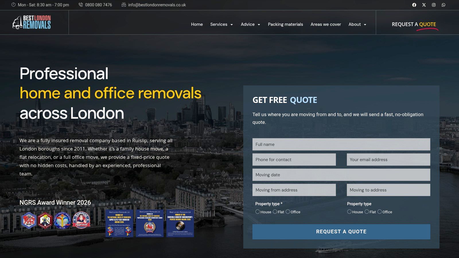 Best London Removals homepage with quote form
