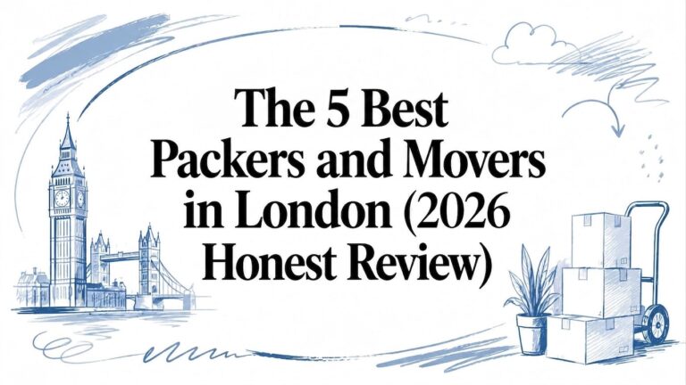 Graphic of London movers review with boxes and landmarks