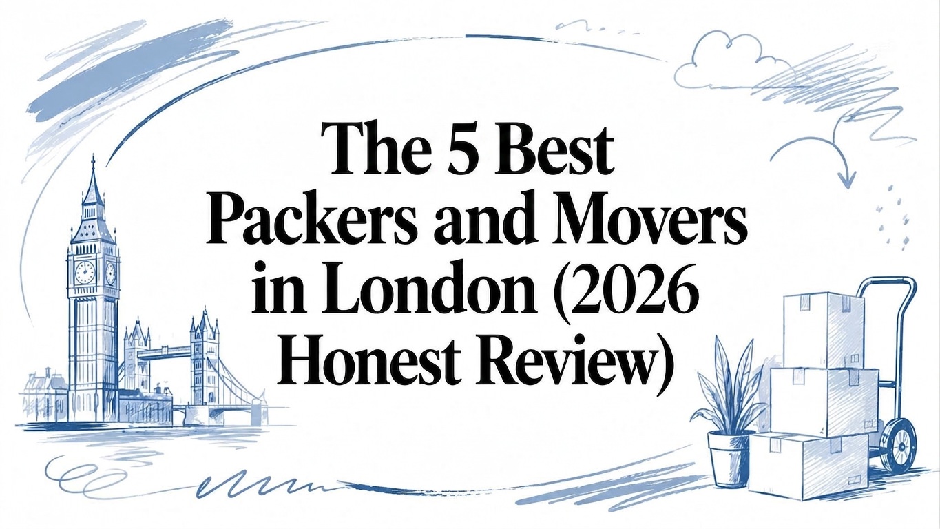 Graphic of London movers review with boxes and landmarks
